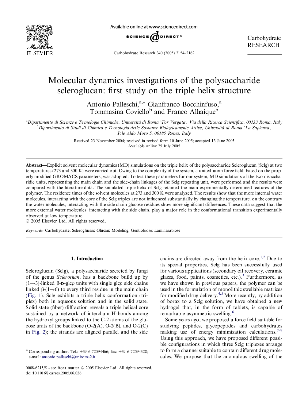 Molecular dynamics investigations of the polysaccharide scleroglucan: first study on the triple helix structure