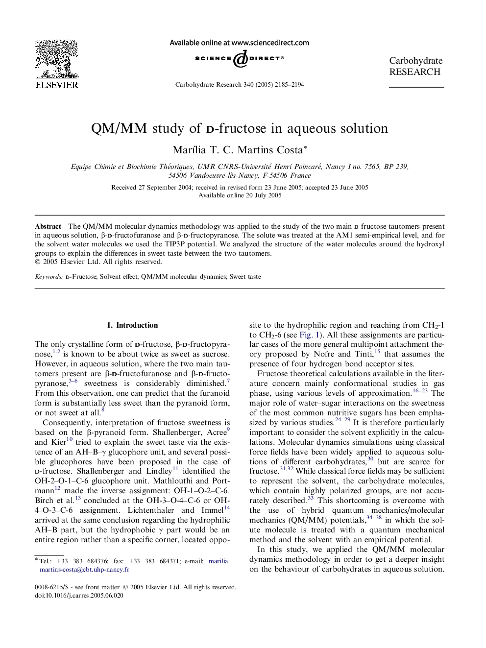 QM/MM study of d-fructose in aqueous solution