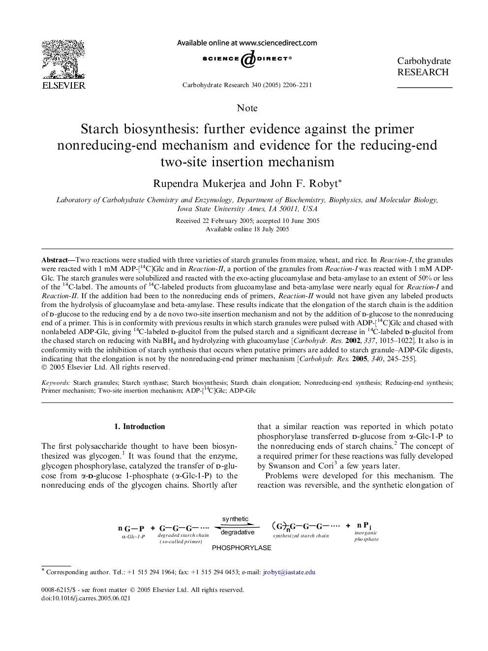 Starch biosynthesis: further evidence against the primer nonreducing-end mechanism and evidence for the reducing-end two-site insertion mechanism