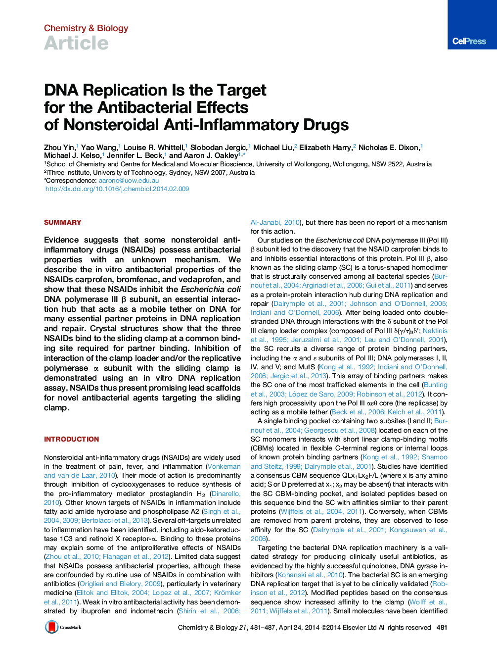 DNA Replication Is the Target for the Antibacterial Effects of Nonsteroidal Anti-Inflammatory Drugs