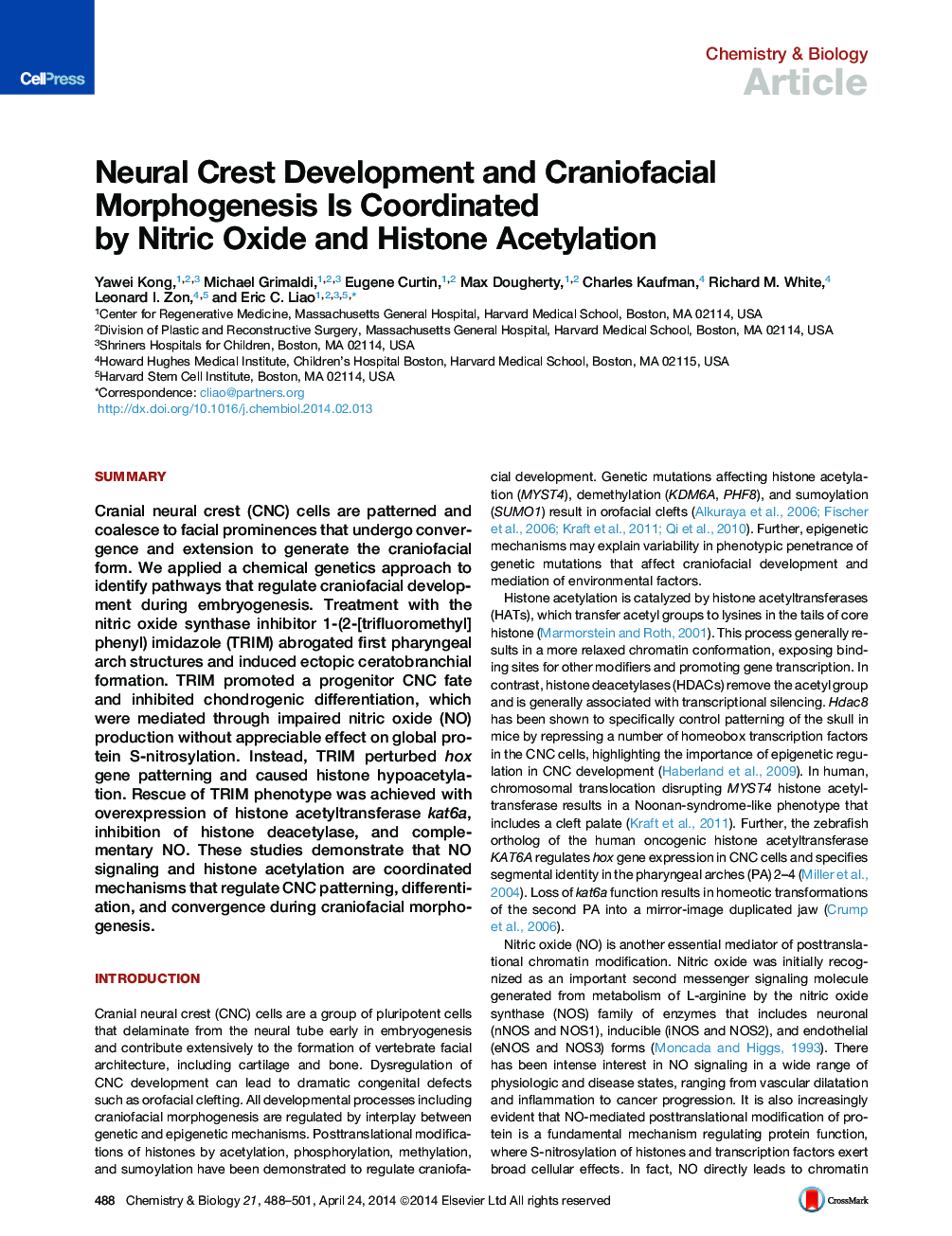 Neural Crest Development and Craniofacial Morphogenesis Is Coordinated by Nitric Oxide and Histone Acetylation