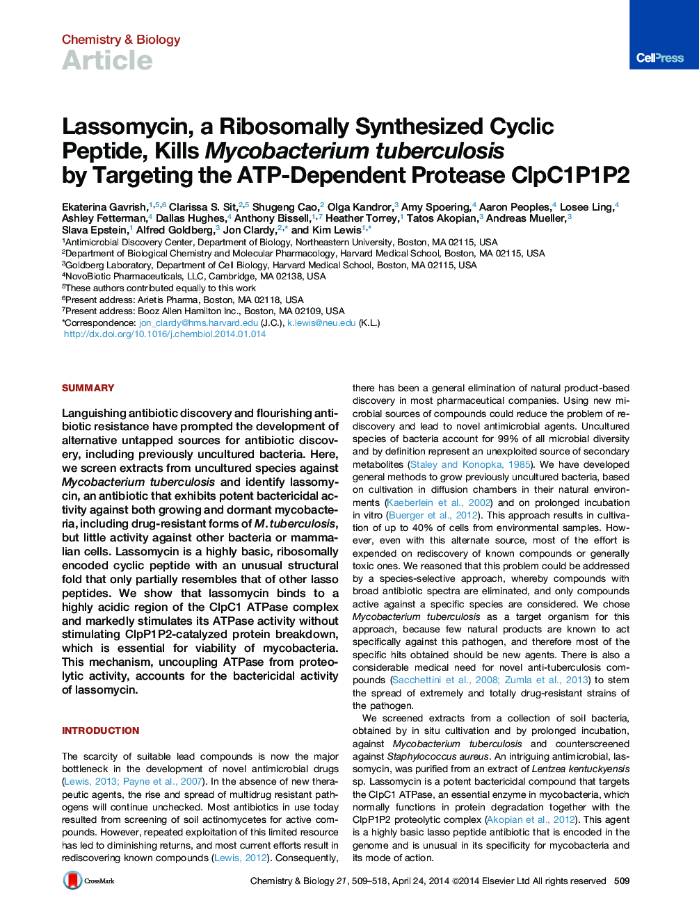 Lassomycin, a Ribosomally Synthesized Cyclic Peptide, Kills Mycobacterium tuberculosis by Targeting the ATP-Dependent Protease ClpC1P1P2