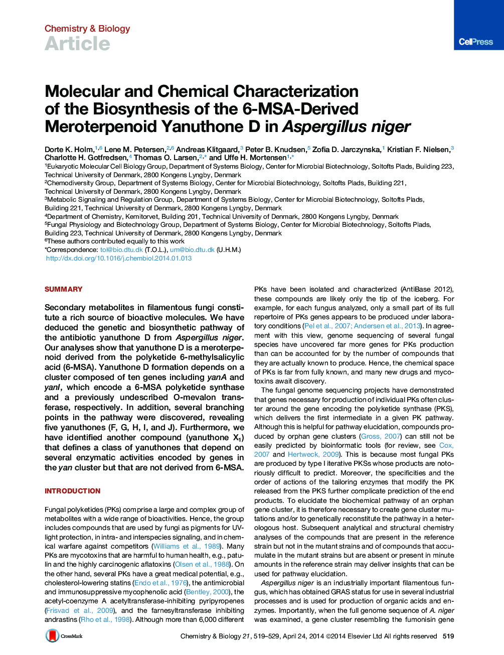 Molecular and Chemical Characterization of the Biosynthesis of the 6-MSA-Derived Meroterpenoid Yanuthone D in Aspergillus niger