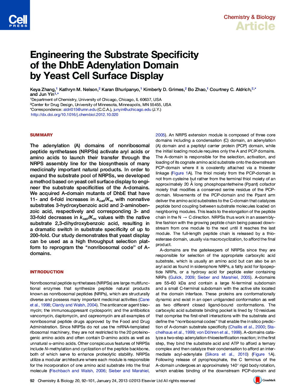Engineering the Substrate Specificity of the DhbE Adenylation Domain by Yeast Cell Surface Display