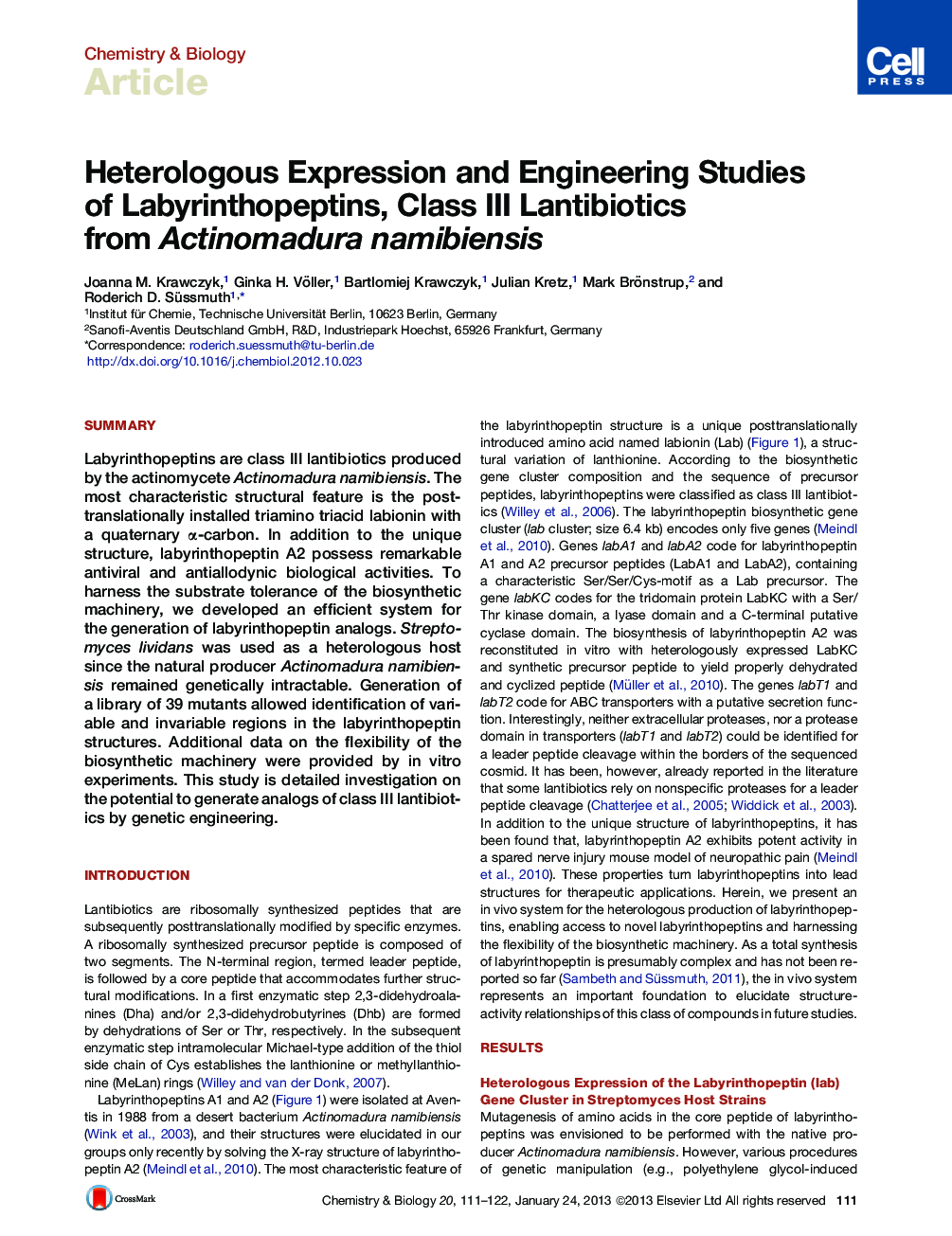 Heterologous Expression and Engineering Studies of Labyrinthopeptins, Class III Lantibiotics from Actinomadura namibiensis