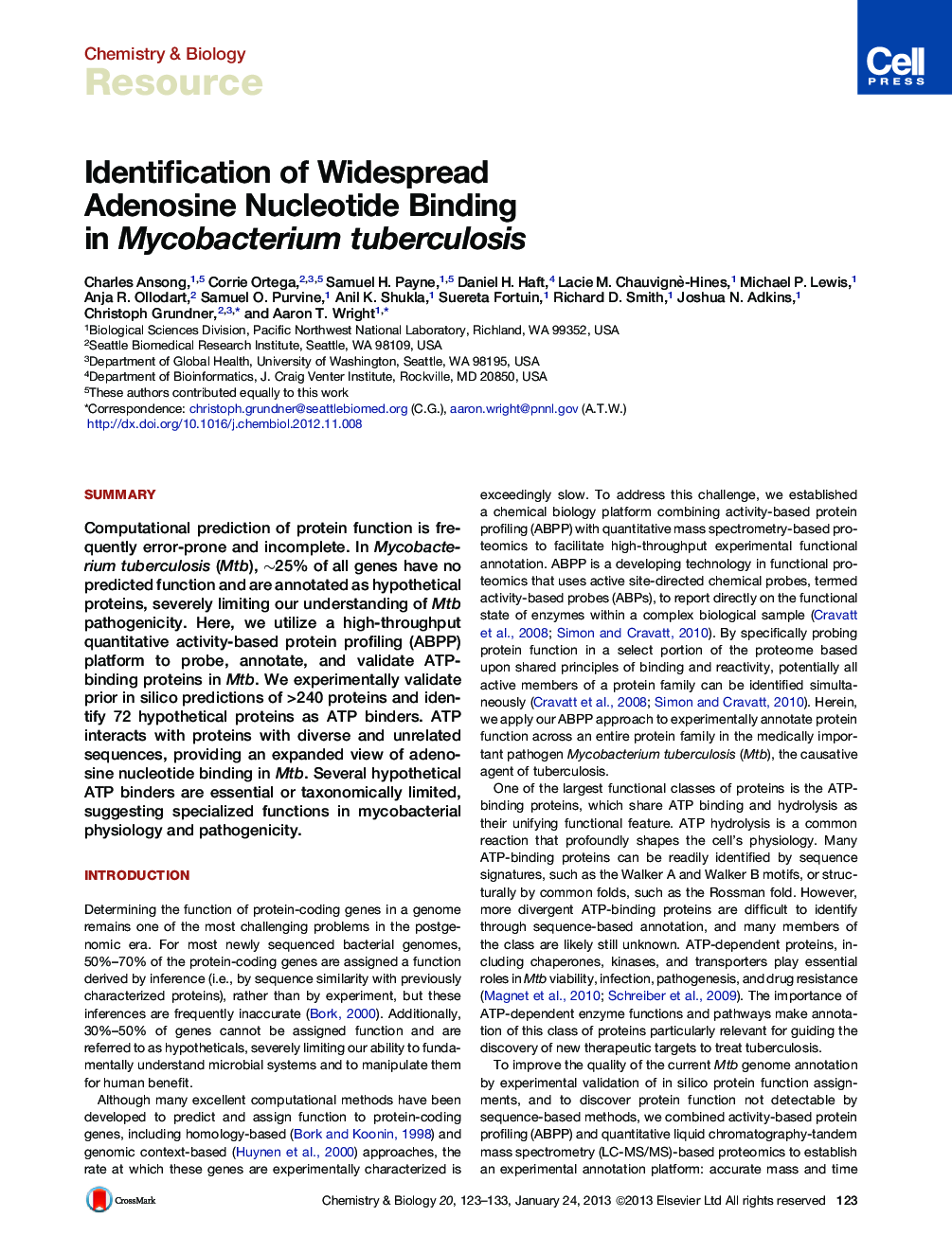 Identification of Widespread Adenosine Nucleotide Binding in Mycobacterium tuberculosis