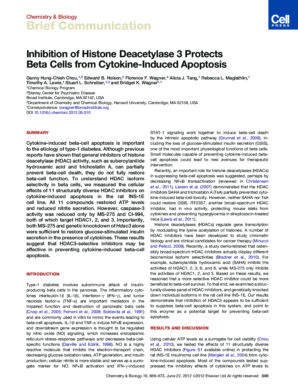 Inhibition of Histone Deacetylase 3 Protects Beta Cells from Cytokine-Induced Apoptosis