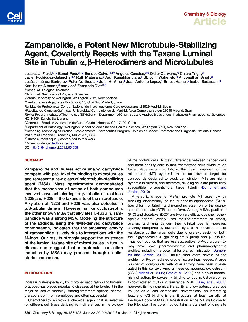 Zampanolide, a Potent New Microtubule-Stabilizing Agent, Covalently Reacts with the Taxane Luminal Site in Tubulin α,β-Heterodimers and Microtubules