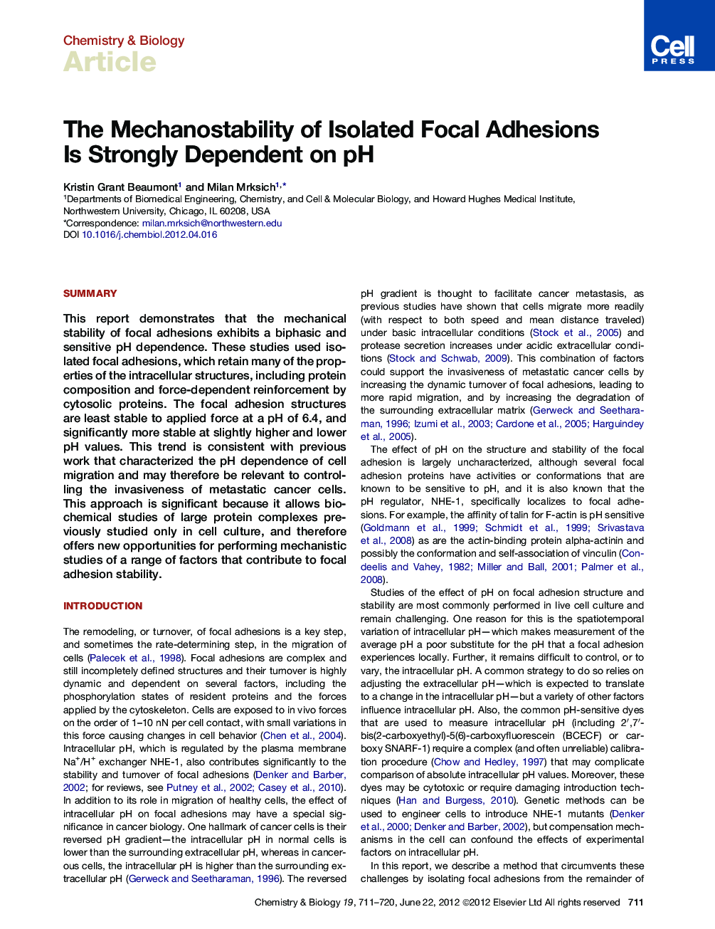 The Mechanostability of Isolated Focal Adhesions Is Strongly Dependent on pH
