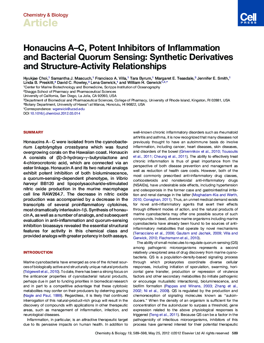 Honaucins A−C, Potent Inhibitors of Inflammation and Bacterial Quorum Sensing: Synthetic Derivatives and Structure-Activity Relationships