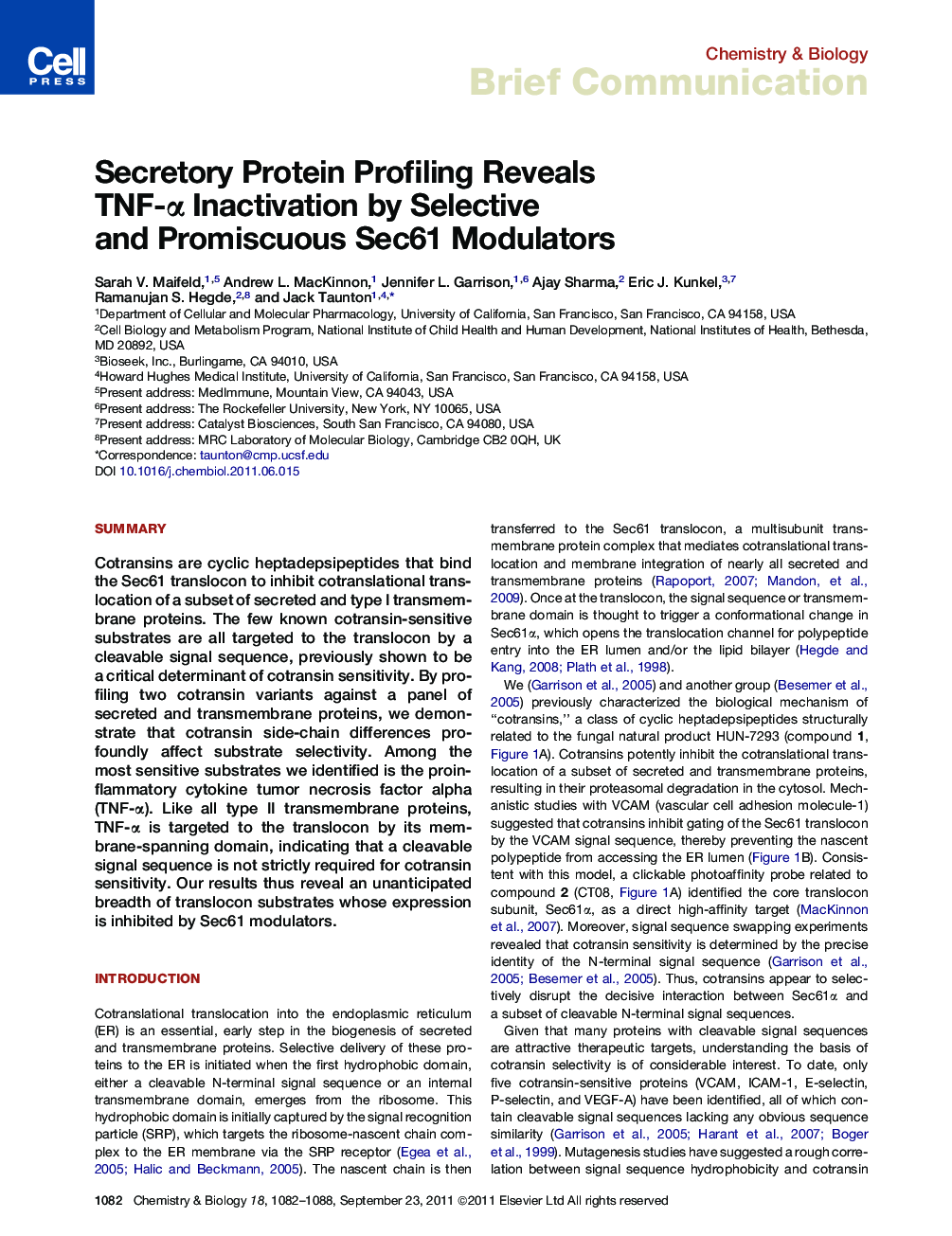 Secretory Protein Profiling Reveals TNF-α Inactivation by Selective and Promiscuous Sec61 Modulators