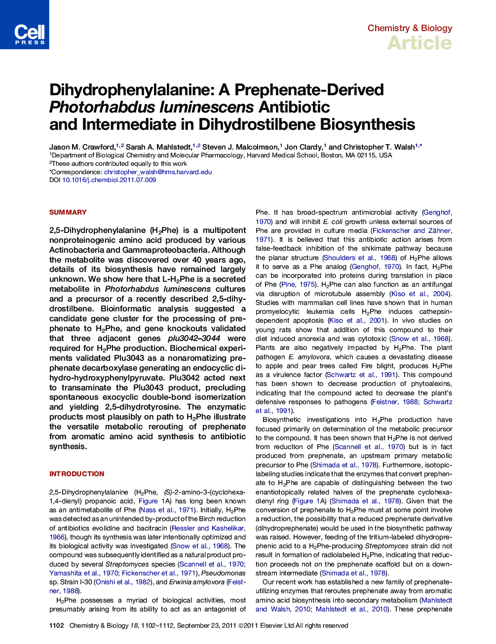 Dihydrophenylalanine: A Prephenate-Derived Photorhabdus luminescens Antibiotic and Intermediate in Dihydrostilbene Biosynthesis