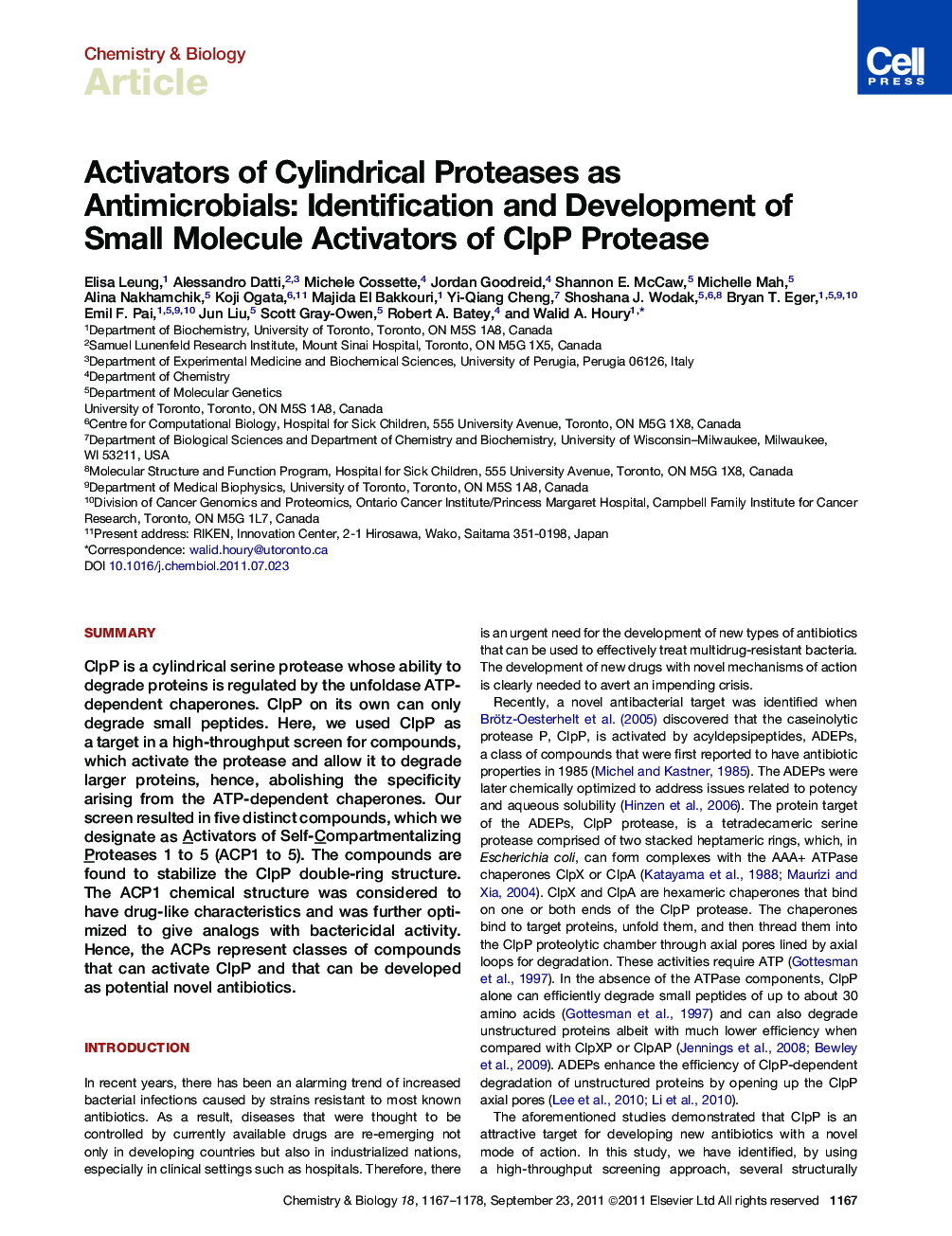 Activators of Cylindrical Proteases as Antimicrobials: Identification and Development of Small Molecule Activators of ClpP Protease