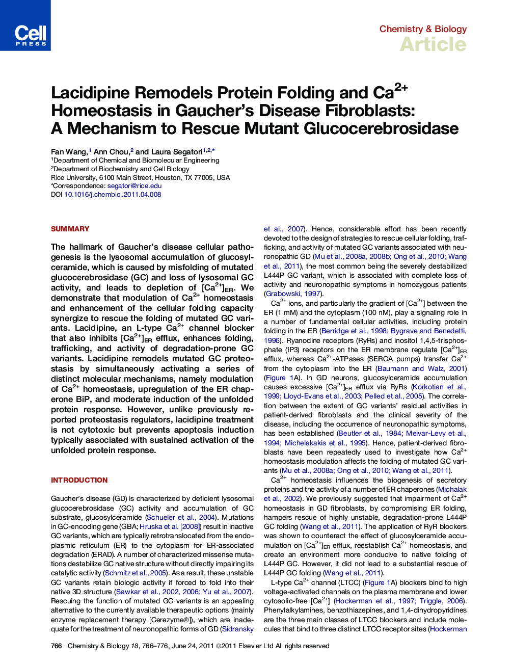 Lacidipine Remodels Protein Folding and Ca2+ Homeostasis in Gaucher's Disease Fibroblasts: A Mechanism to Rescue Mutant Glucocerebrosidase