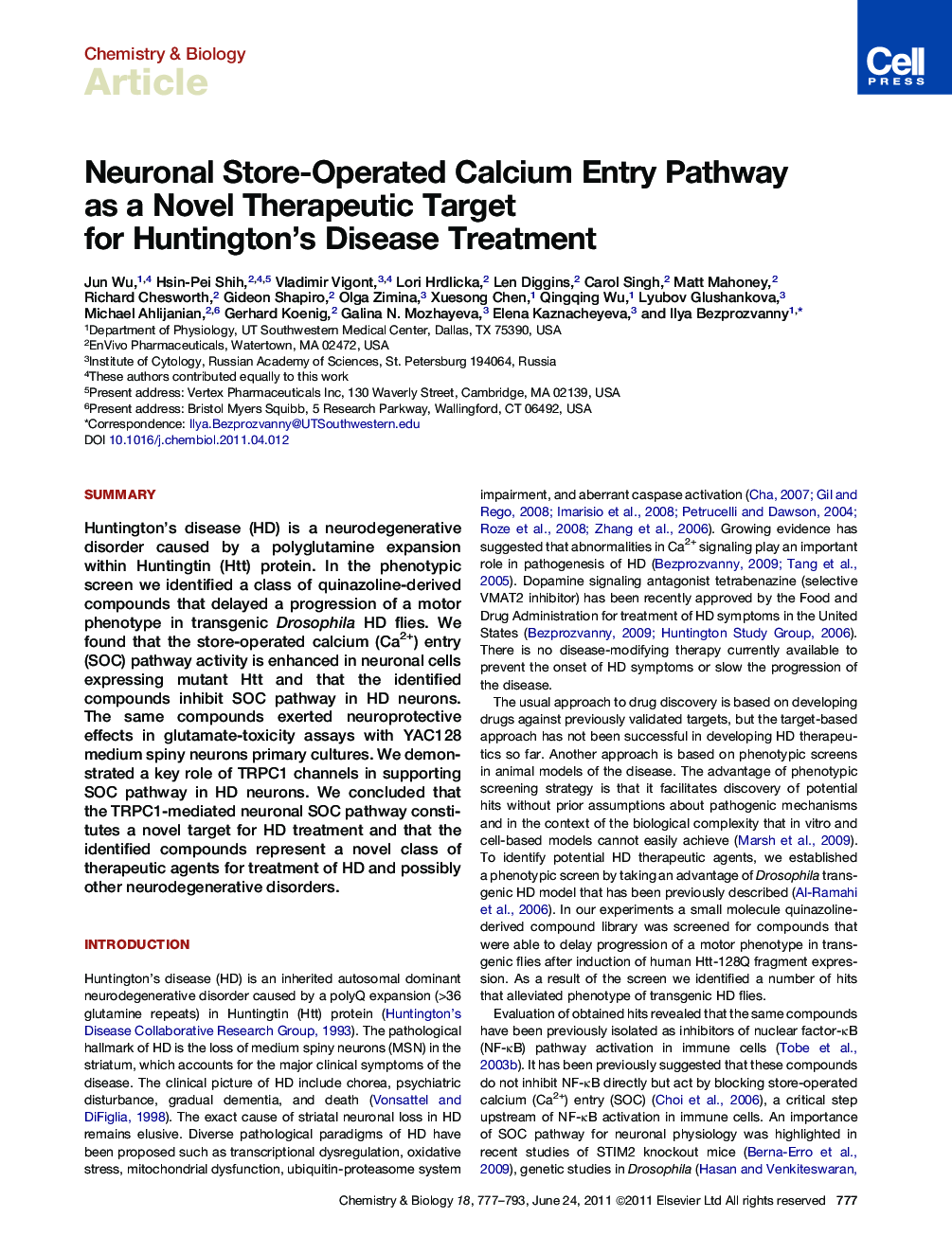 Neuronal Store-Operated Calcium Entry Pathway as a Novel Therapeutic Target for Huntington's Disease Treatment