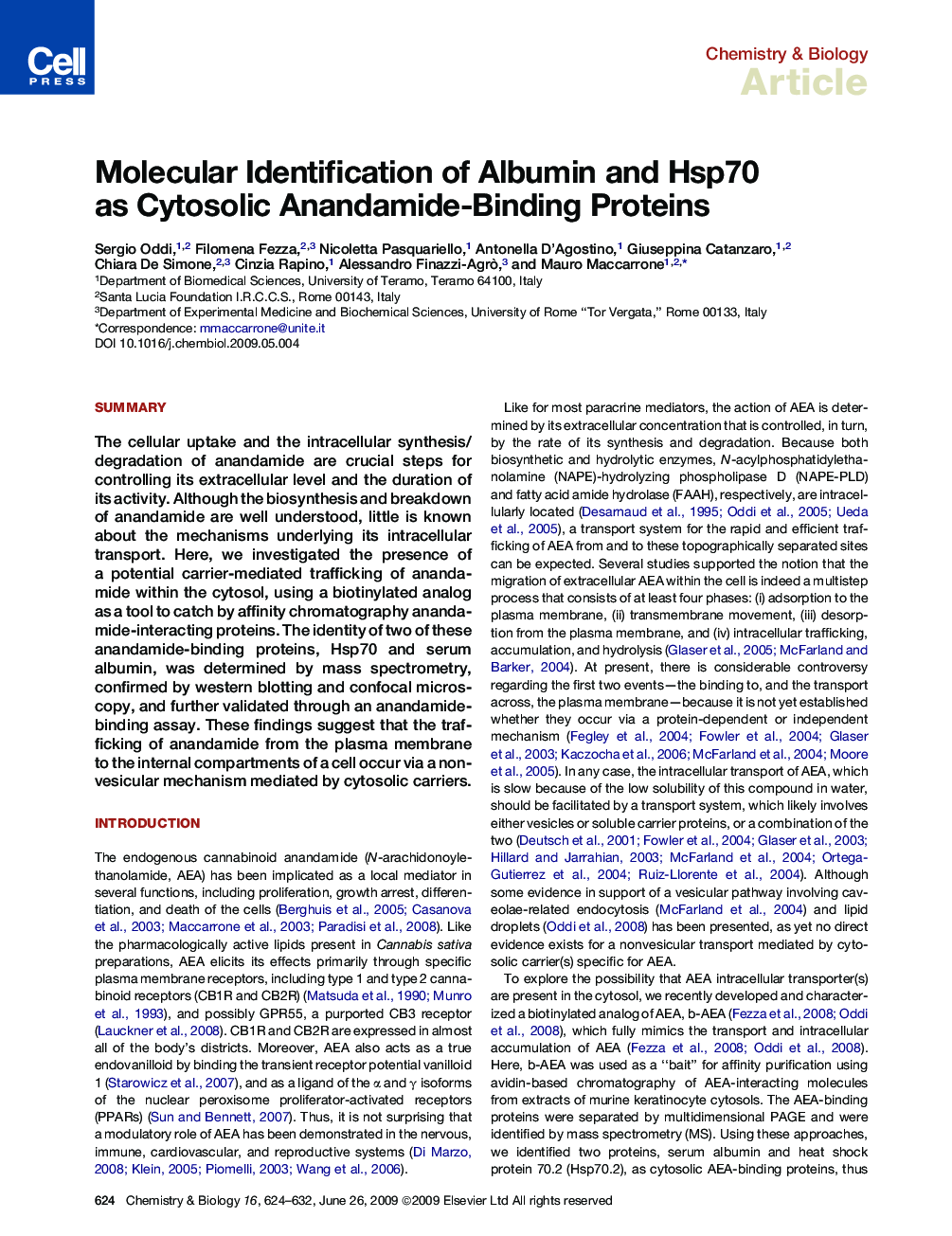 Molecular Identification of Albumin and Hsp70 as Cytosolic Anandamide-Binding Proteins