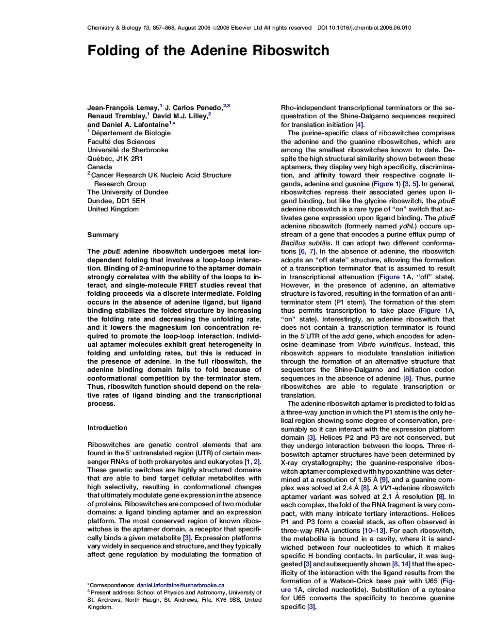 Folding of the Adenine Riboswitch