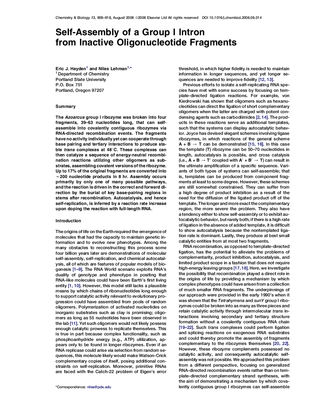 Self-Assembly of a Group I Intron from Inactive Oligonucleotide Fragments