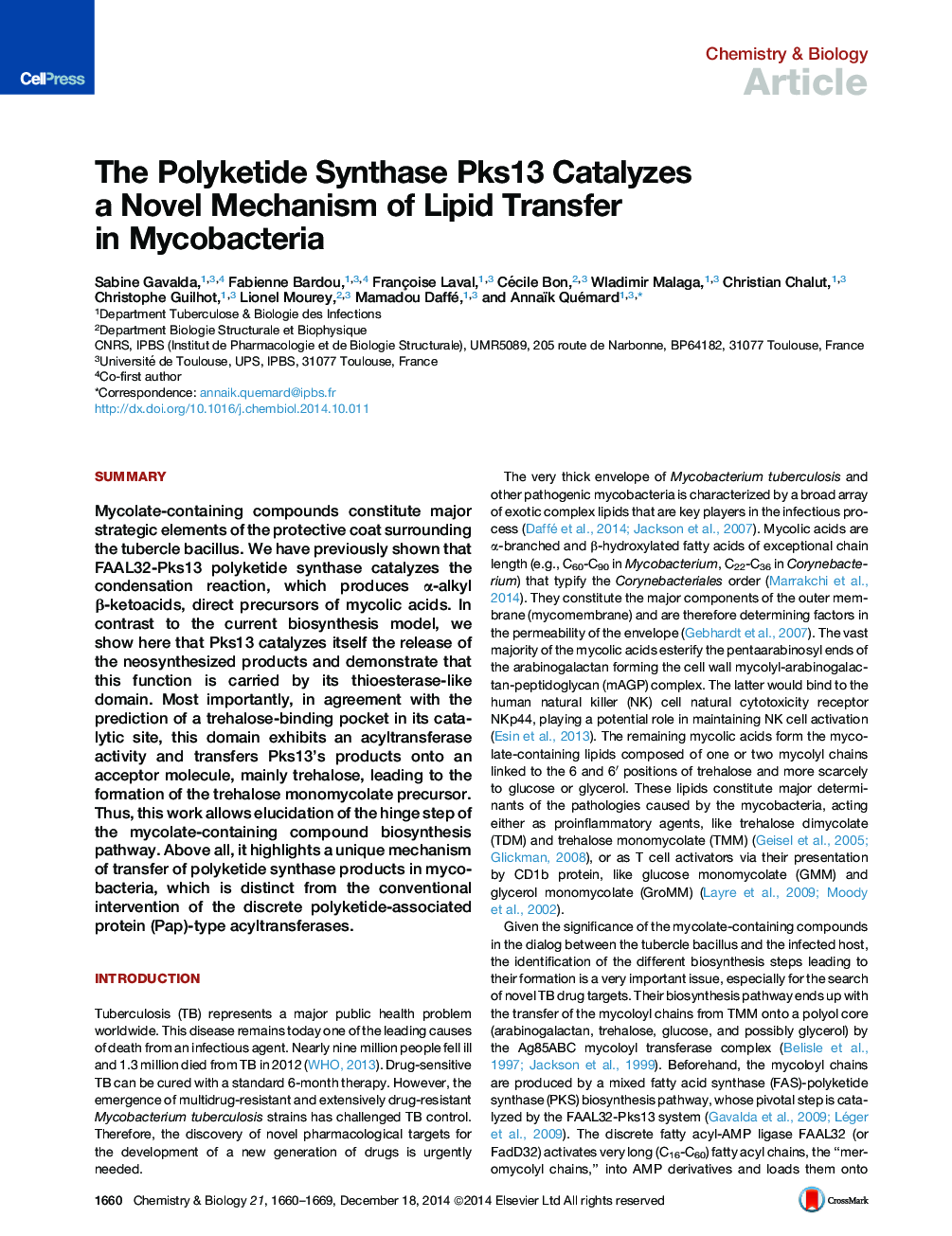 The Polyketide Synthase Pks13 Catalyzes a Novel Mechanism of Lipid Transfer in Mycobacteria