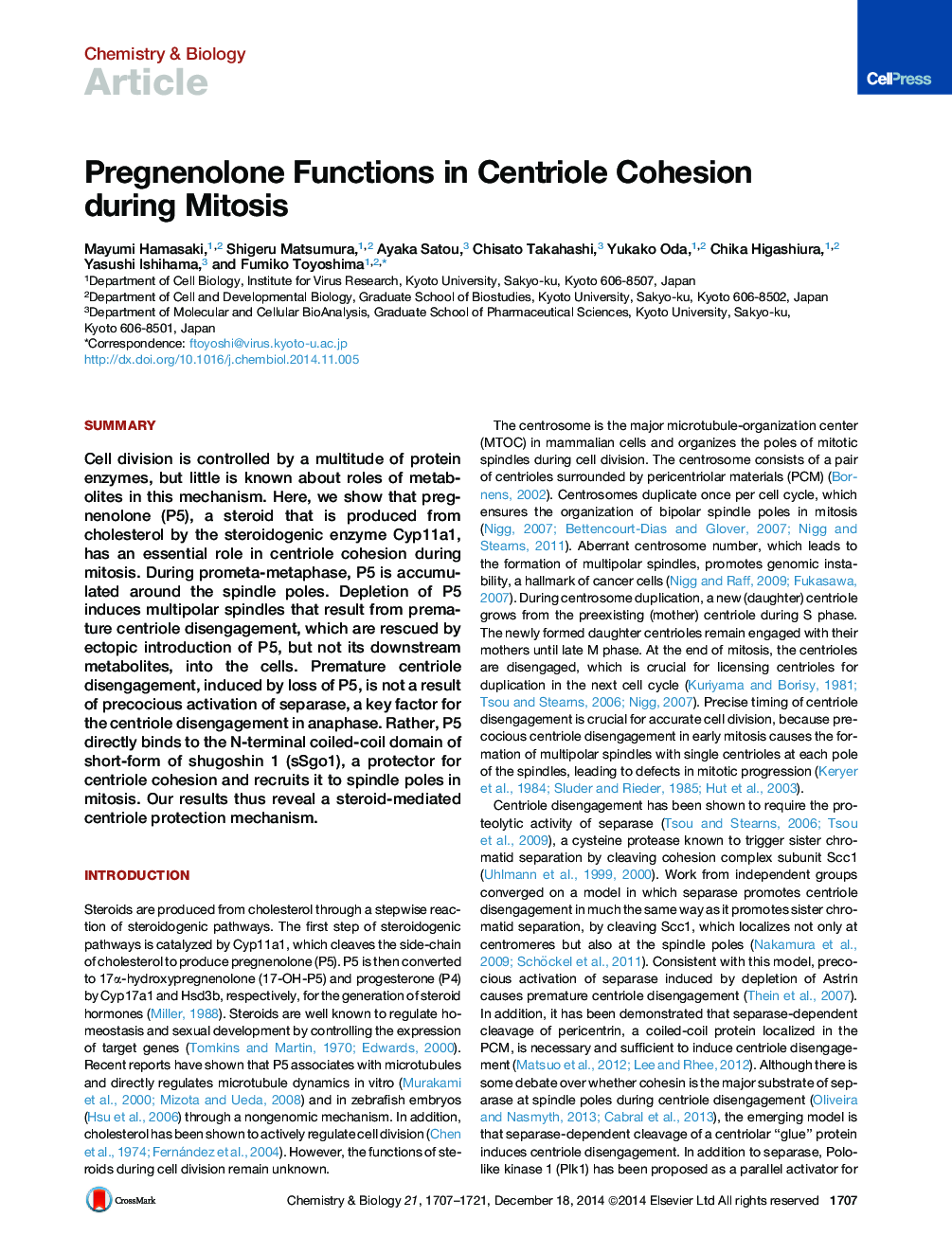 عکس صفحه اول مقاله: Pregnenolone Functions in Centriole Cohesion during Mitosis Pregnenolone Functions in Centriole Cohesion during Mitosis