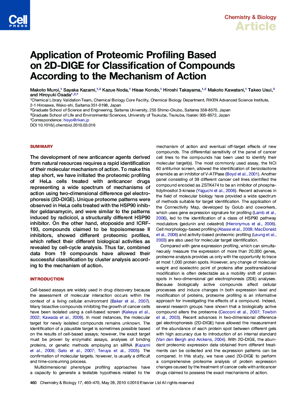 Application of Proteomic Profiling Based on 2D-DIGE for Classification of Compounds According to the Mechanism of Action