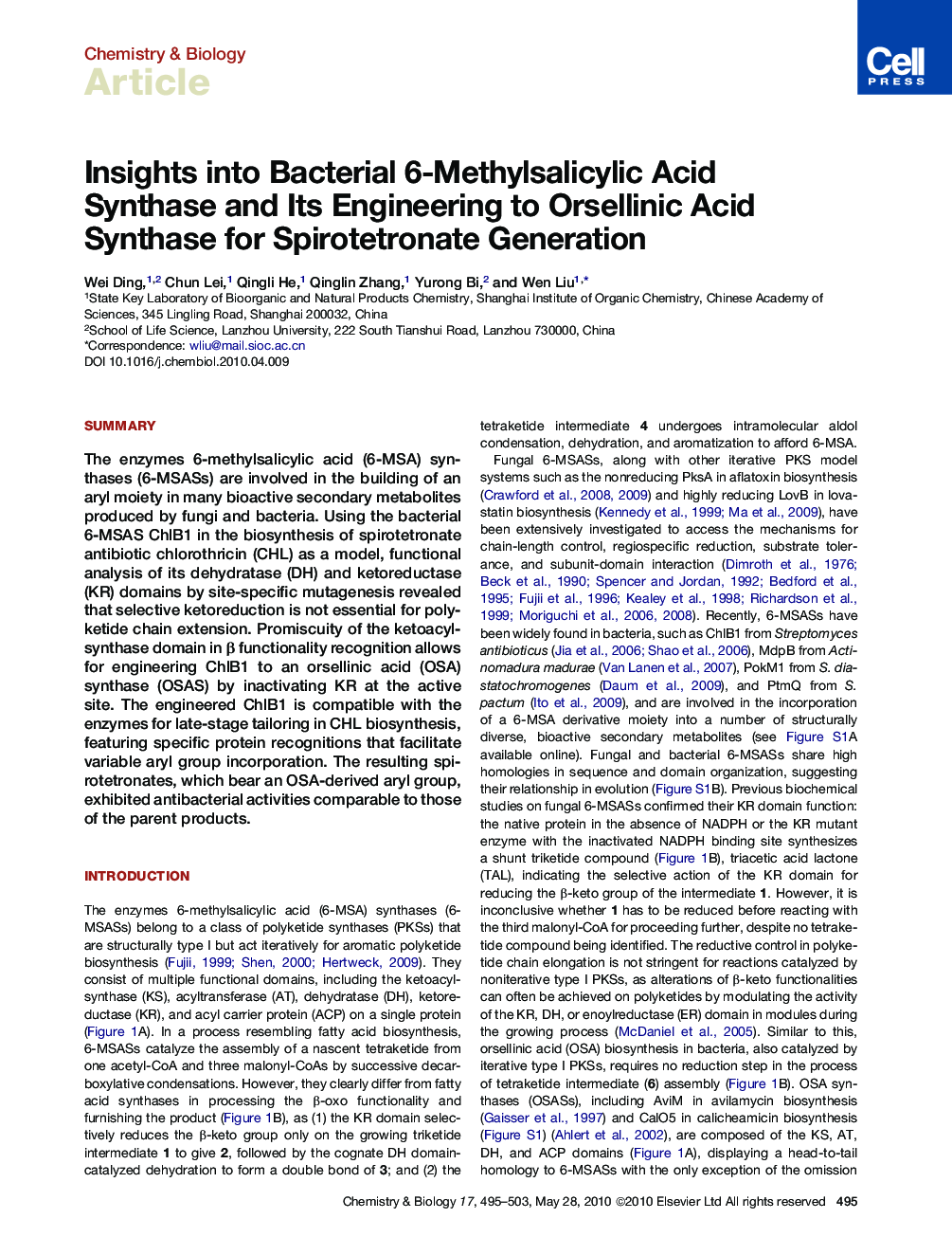 Insights into Bacterial 6-Methylsalicylic Acid Synthase and Its Engineering to Orsellinic Acid Synthase for Spirotetronate Generation