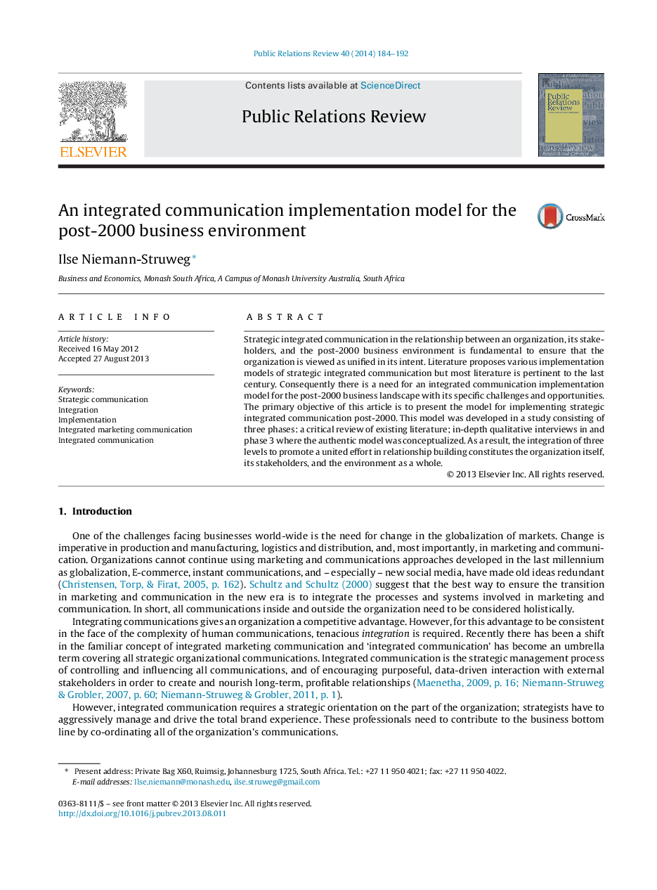 An integrated communication implementation model for the post-2000 business environment