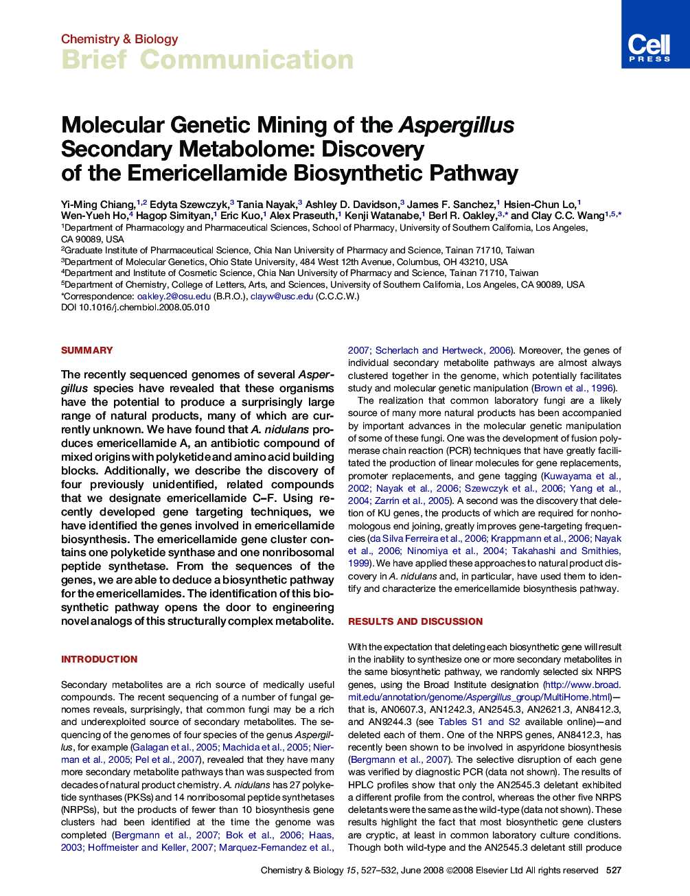 Molecular Genetic Mining of the Aspergillus Secondary Metabolome: Discovery of the Emericellamide Biosynthetic Pathway