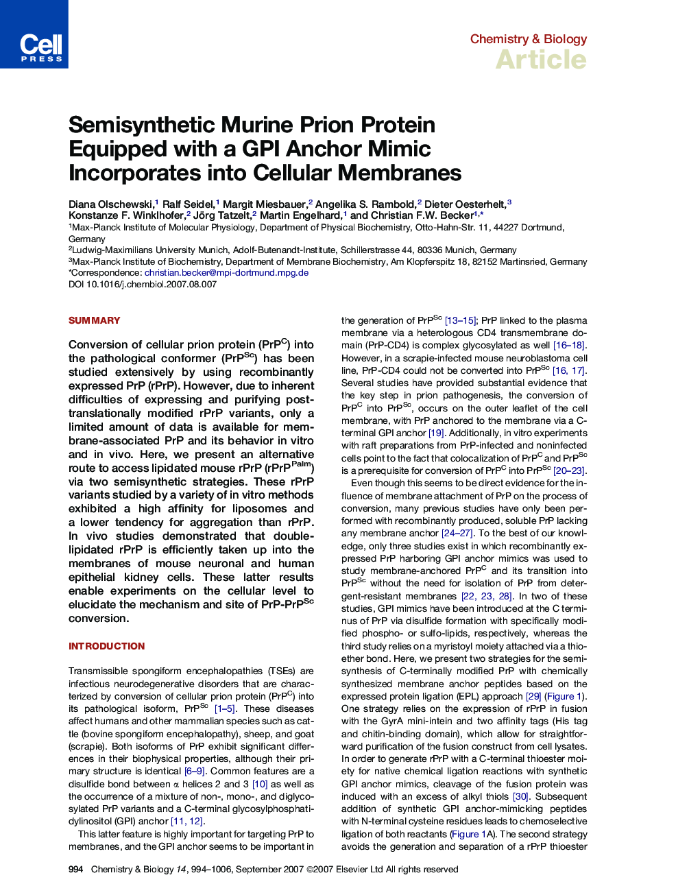 Semisynthetic Murine Prion Protein Equipped with a GPI Anchor Mimic Incorporates into Cellular Membranes