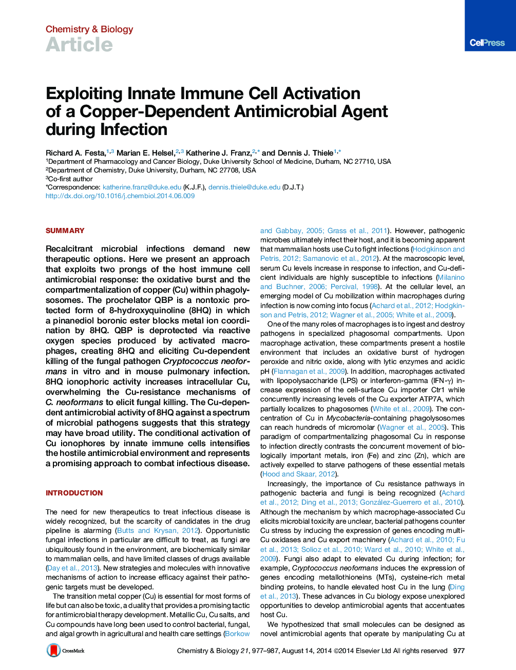 Exploiting Innate Immune Cell Activation of a Copper-Dependent Antimicrobial Agent during Infection