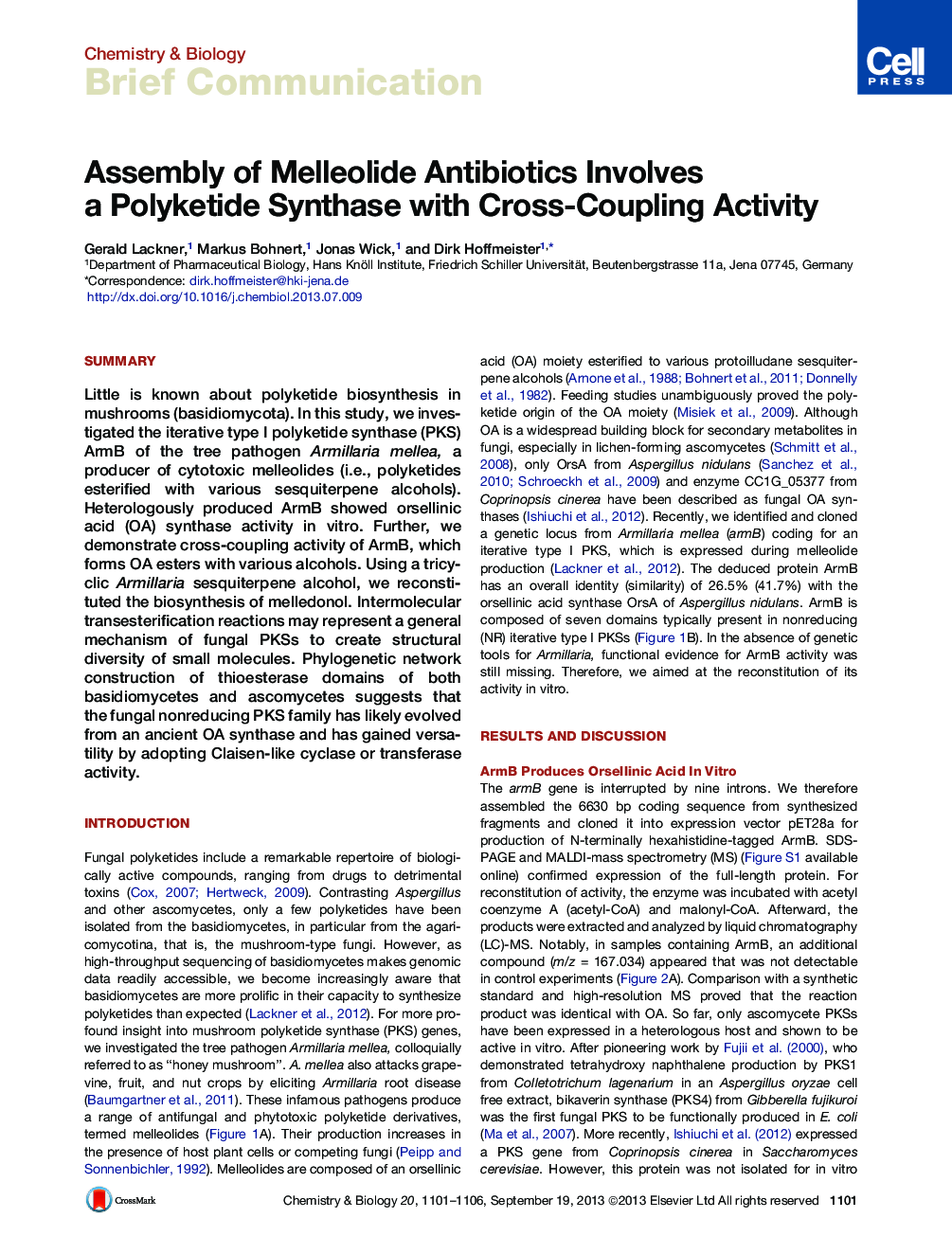 Assembly of Melleolide Antibiotics Involves a Polyketide Synthase with Cross-Coupling Activity