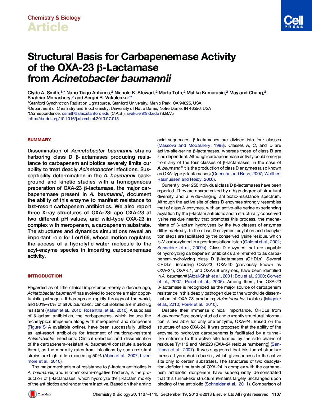 Structural Basis for Carbapenemase Activity of the OXA-23 β-Lactamase from Acinetobacter baumannii