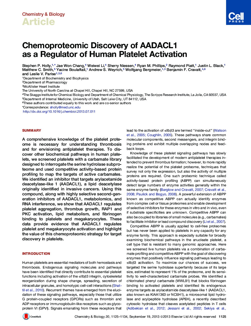 Chemoproteomic Discovery of AADACL1 as a Regulator of Human Platelet Activation