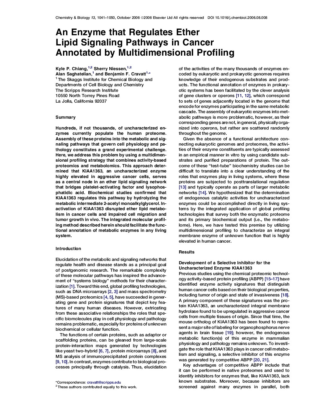 An Enzyme that Regulates Ether Lipid Signaling Pathways in Cancer Annotated by Multidimensional Profiling