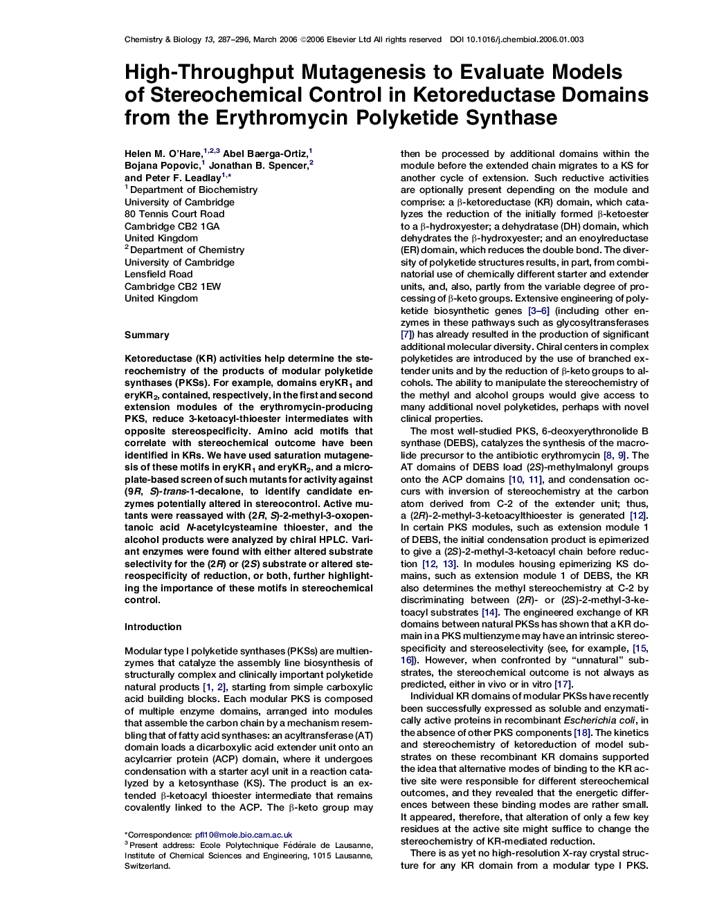 High-Throughput Mutagenesis to Evaluate Models of Stereochemical Control in Ketoreductase Domains from the Erythromycin Polyketide Synthase