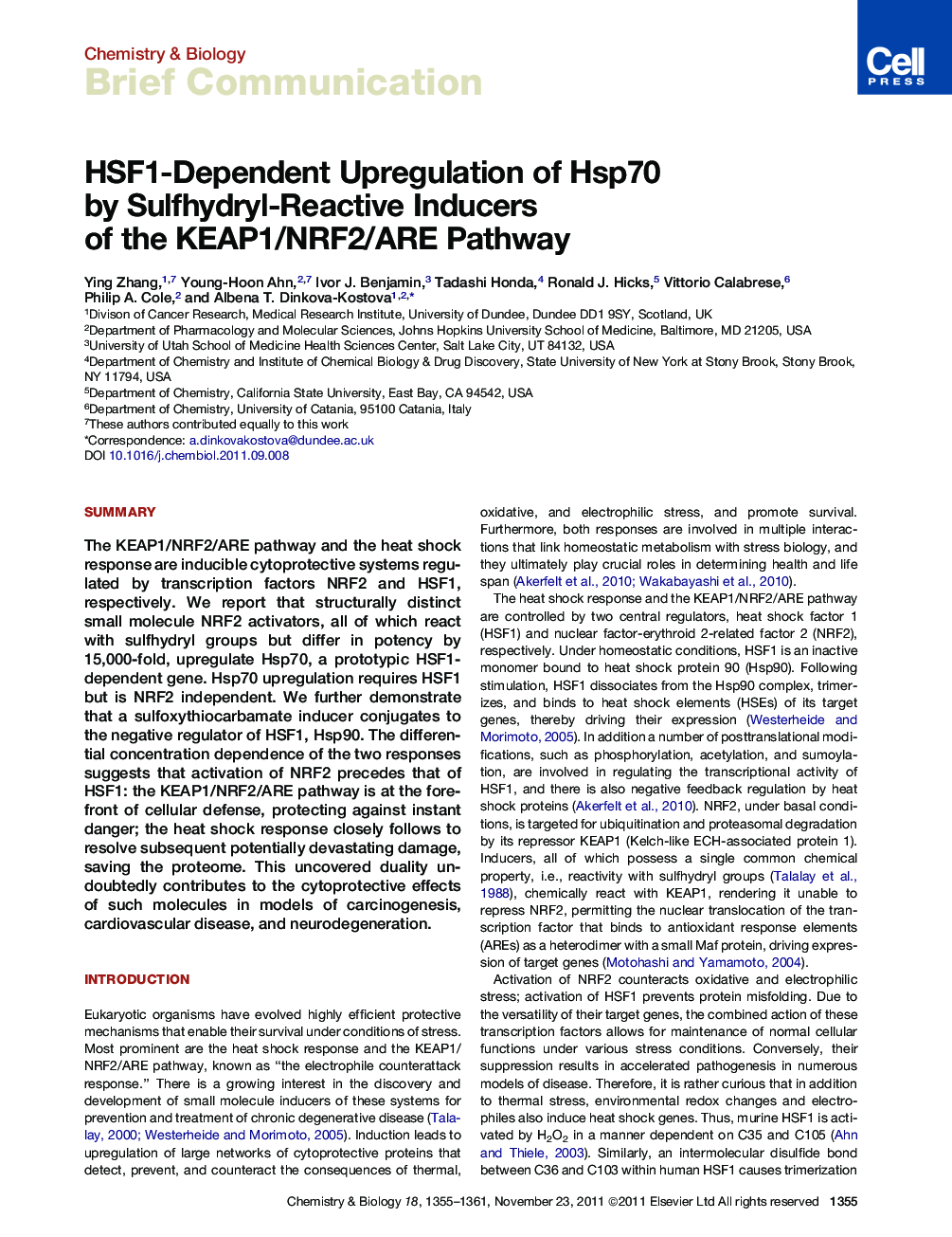 HSF1-Dependent Upregulation of Hsp70 by Sulfhydryl-Reactive Inducers of the KEAP1/NRF2/ARE Pathway