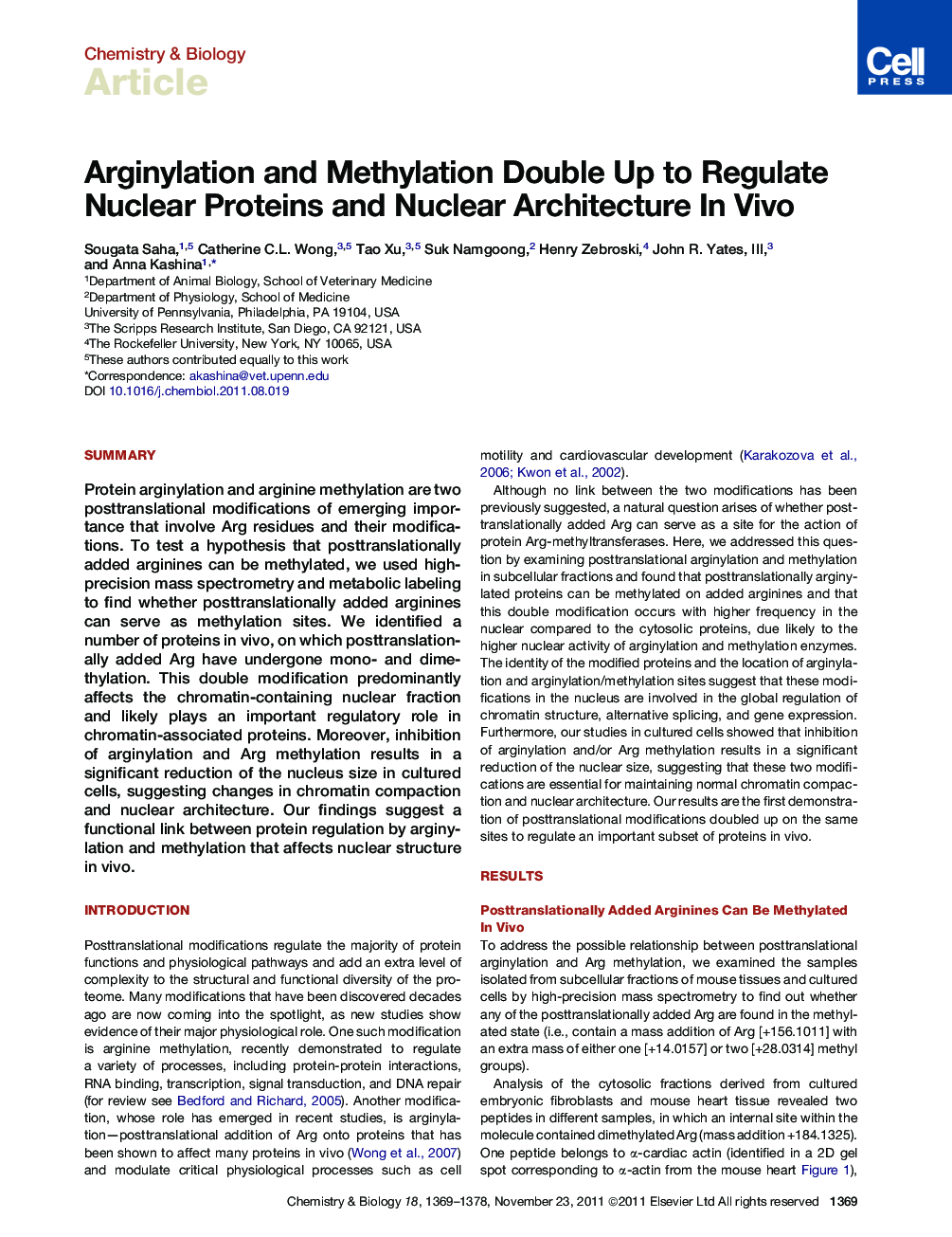 Arginylation and Methylation Double Up to Regulate Nuclear Proteins and Nuclear Architecture In Vivo