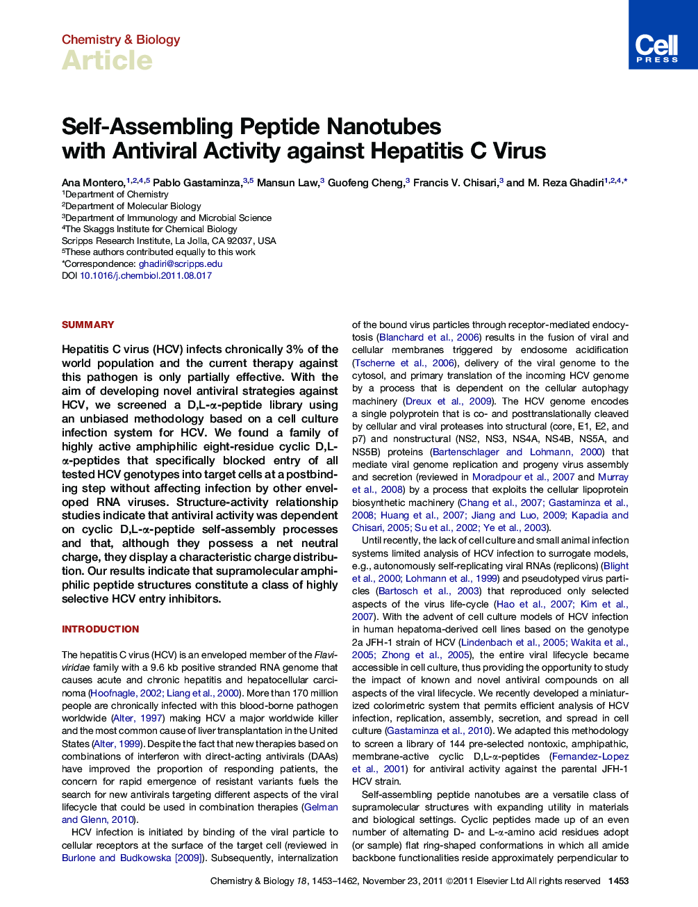 Self-Assembling Peptide Nanotubes with Antiviral Activity against Hepatitis C Virus