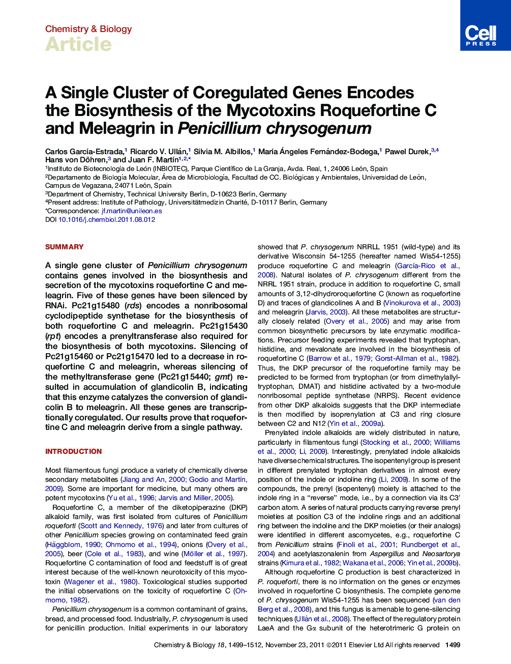 A Single Cluster of Coregulated Genes Encodes the Biosynthesis of the Mycotoxins Roquefortine C and Meleagrin in Penicillium chrysogenum