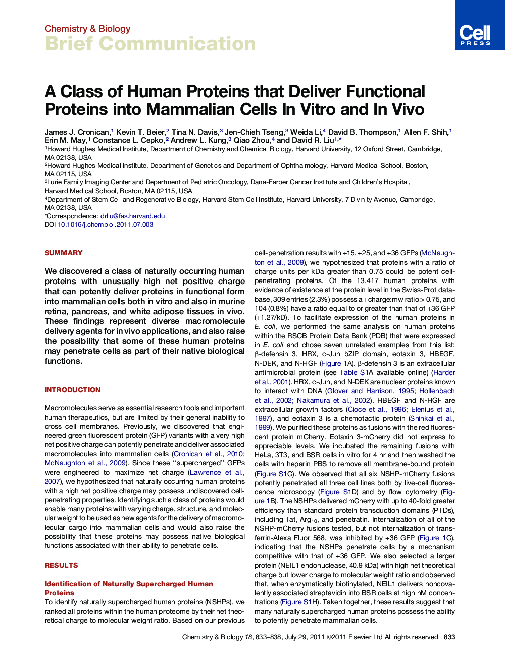 A Class of Human Proteins that Deliver Functional Proteins into Mammalian Cells In Vitro and In Vivo