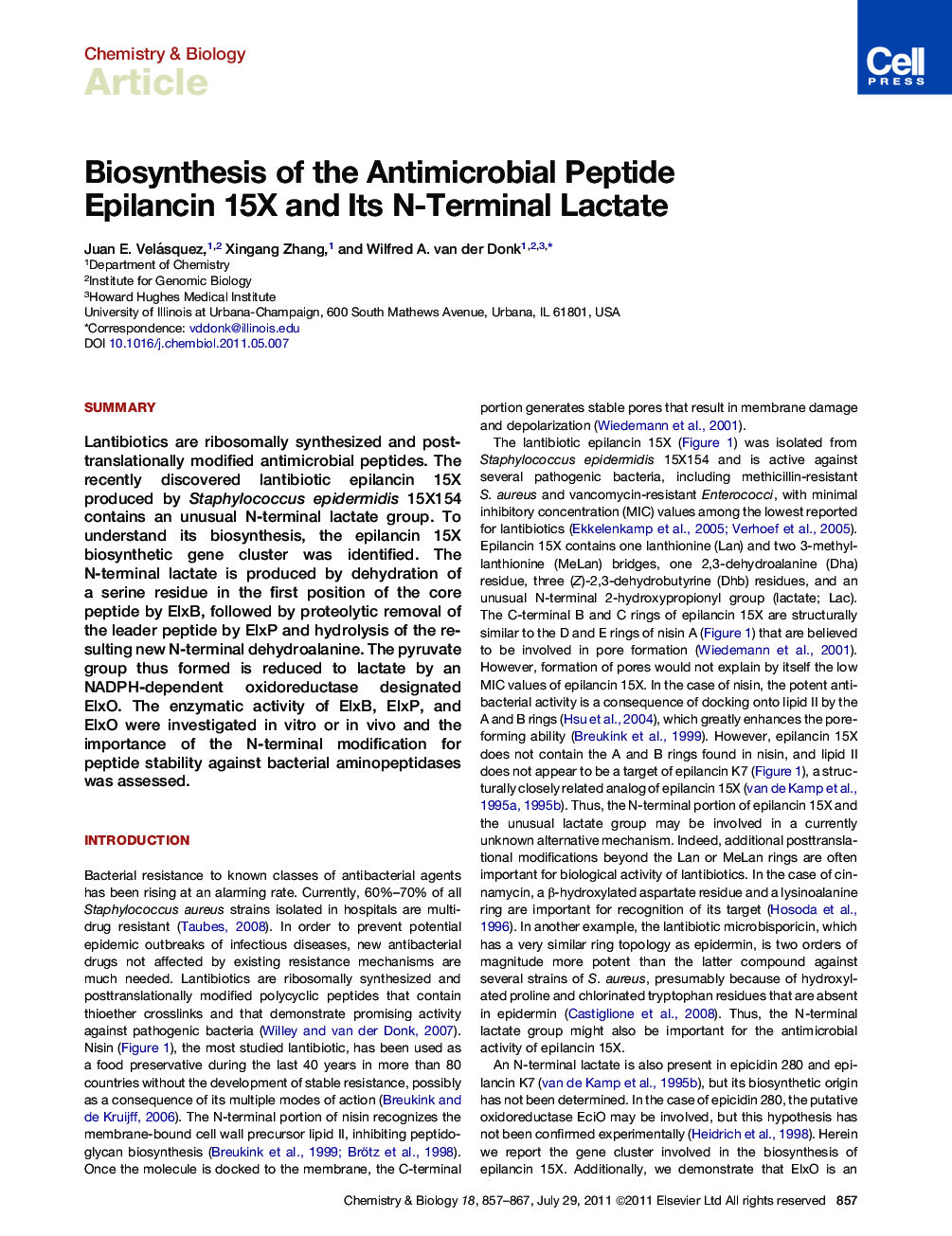 Biosynthesis of the Antimicrobial Peptide Epilancin 15X and Its N-Terminal Lactate
