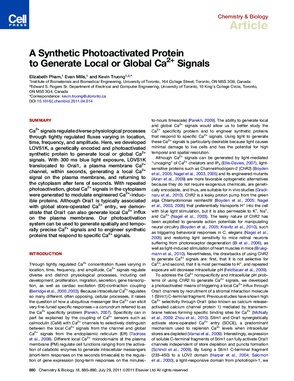 A Synthetic Photoactivated Protein to Generate Local or Global Ca2+ Signals