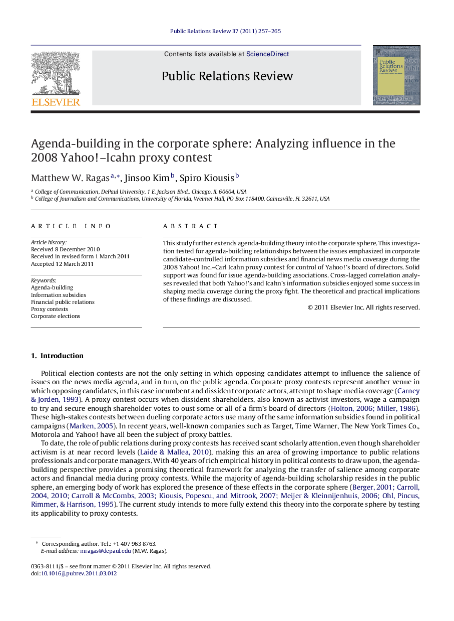 Agenda-building in the corporate sphere: Analyzing influence in the 2008 Yahoo!–Icahn proxy contest