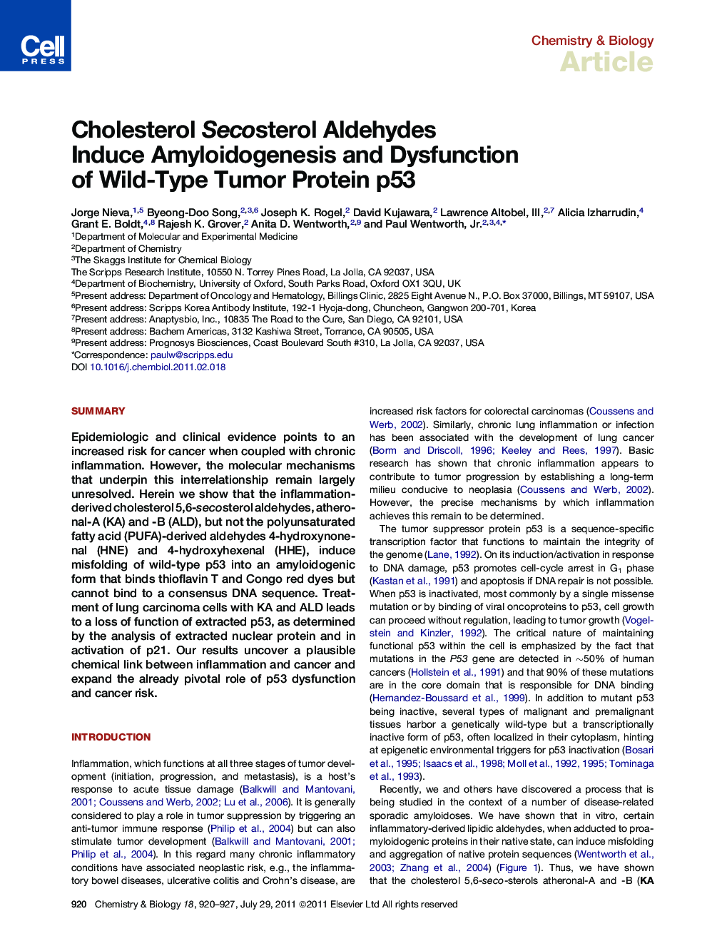 Cholesterol Secosterol Aldehydes Induce Amyloidogenesis and Dysfunction of Wild-Type Tumor Protein p53