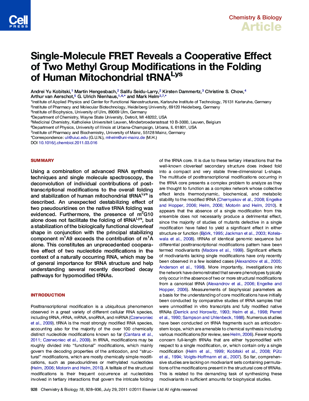 Single-Molecule FRET Reveals a Cooperative Effect of Two Methyl Group Modifications in the Folding of Human Mitochondrial tRNALys