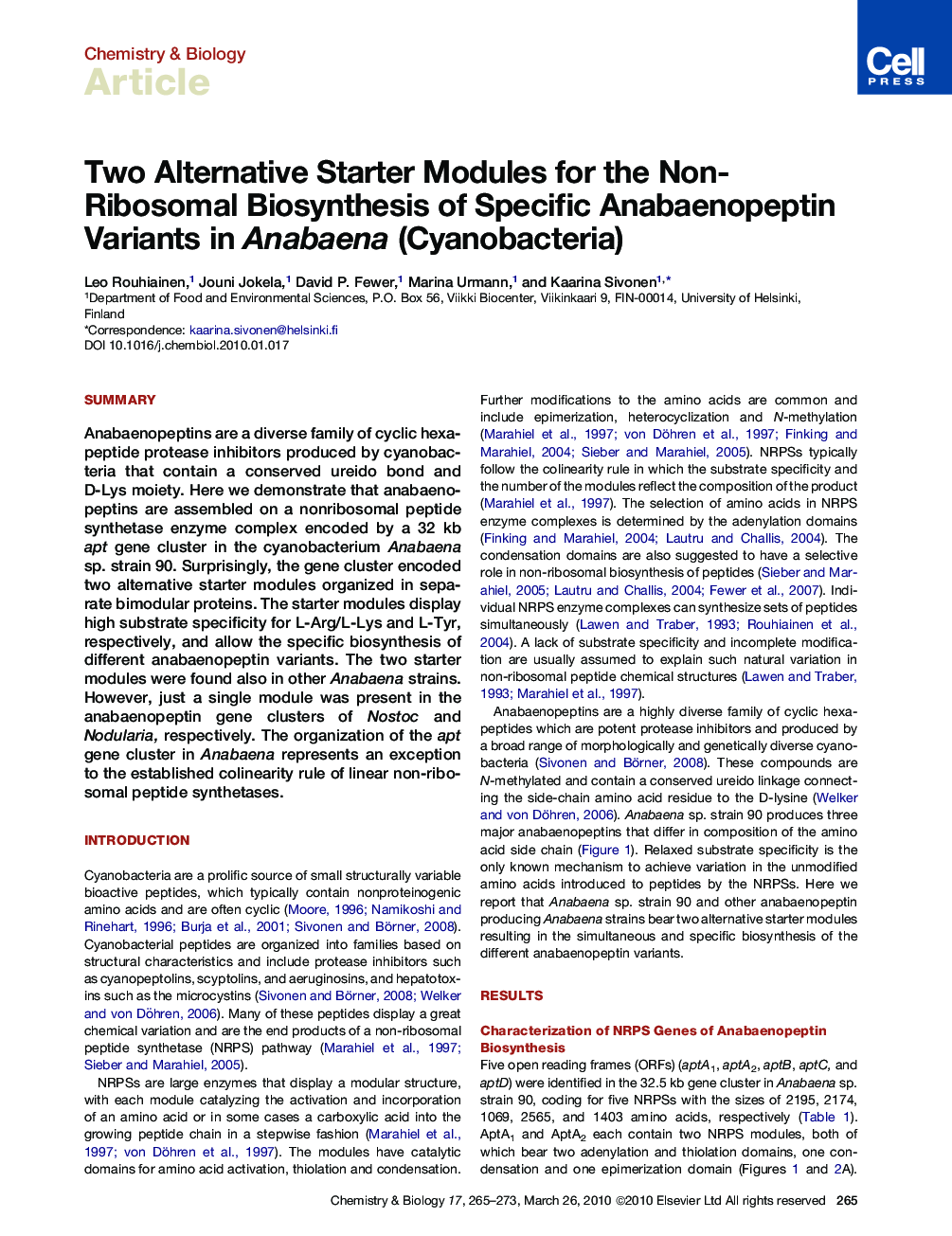 Two Alternative Starter Modules for the Non-Ribosomal Biosynthesis of Specific Anabaenopeptin Variants in Anabaena (Cyanobacteria)