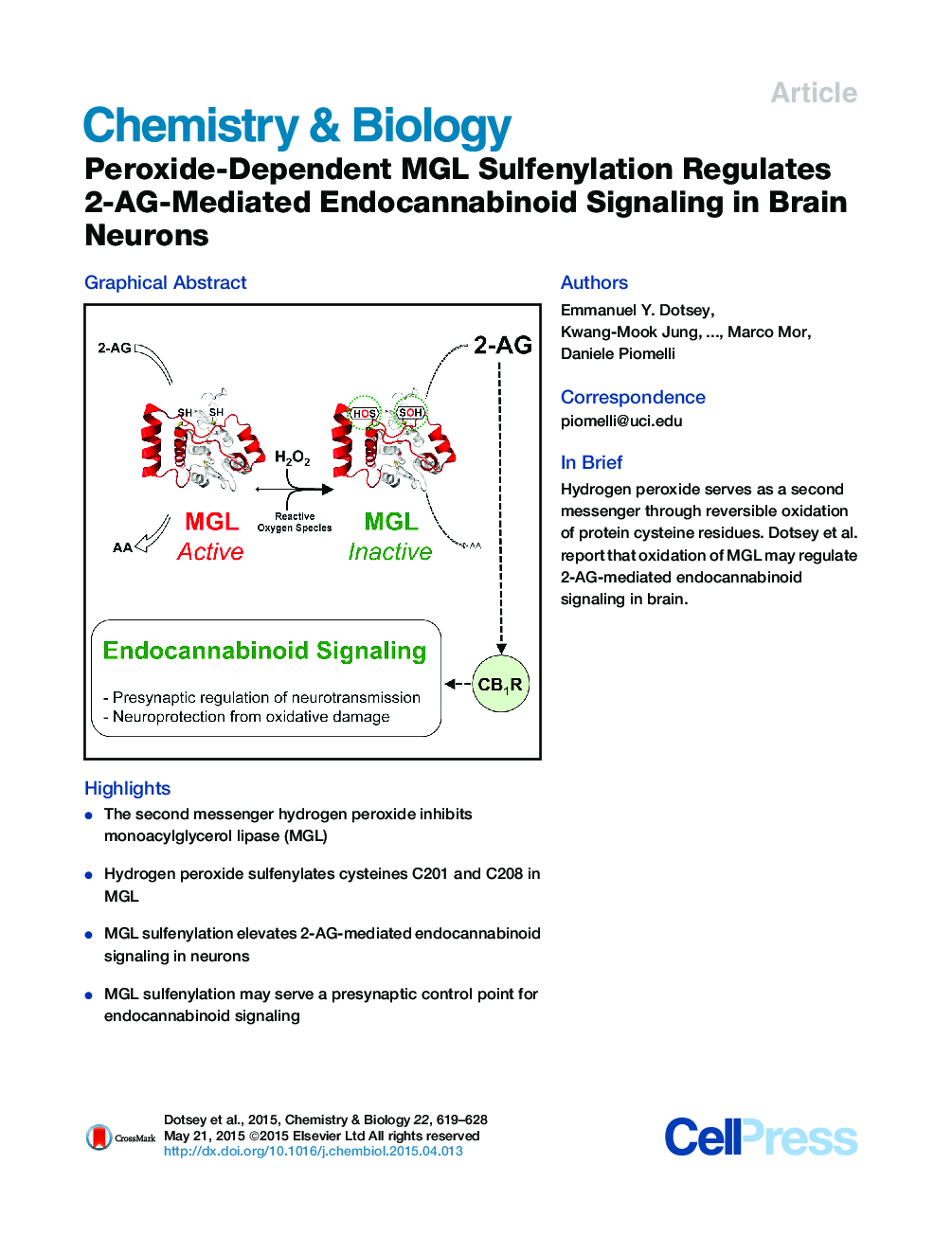 Peroxide-Dependent MGL Sulfenylation Regulates 2-AG-Mediated Endocannabinoid Signaling in Brain Neurons