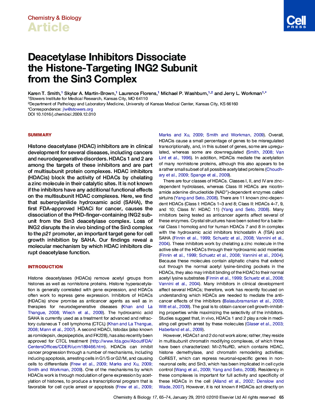 Deacetylase Inhibitors Dissociate the Histone-Targeting ING2 Subunit from the Sin3 Complex