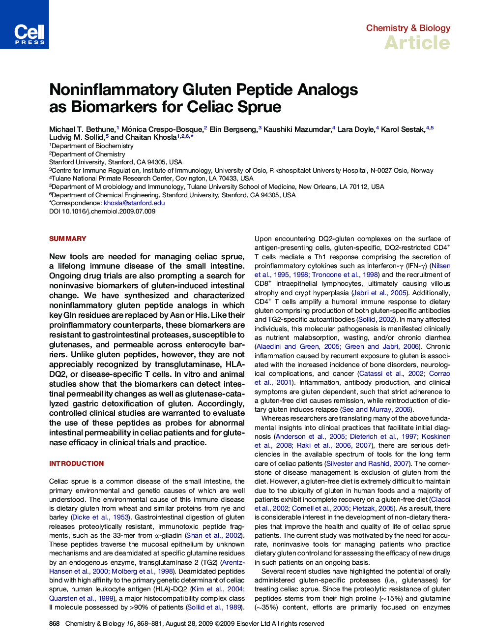 Noninflammatory Gluten Peptide Analogs as Biomarkers for Celiac Sprue