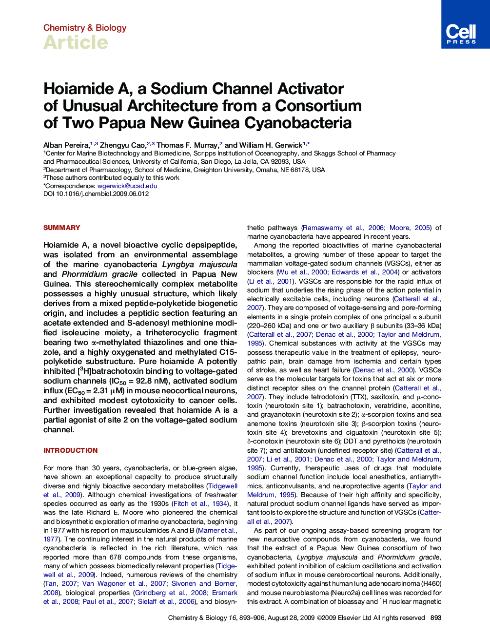 Hoiamide A, a Sodium Channel Activator of Unusual Architecture from a Consortium of Two Papua New Guinea Cyanobacteria